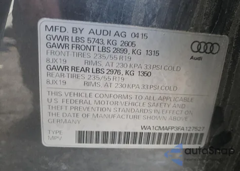 2015 Audi Q5 Tdi Premium Plus из США, поврежденный, VIN WA1CMAFP3FA127527